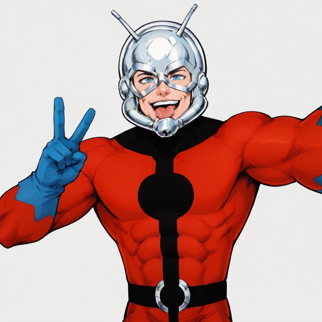safe_pos, white background, simple background, solid color background, 2d, 1boy, solo, masterpiece, best quality, extreme detail, pale-skinned male, 1boy, solo, AntMan, HankPym, blue eyes, toned male, slim male, helmet, silver helmet, headgear, antennas, red bodysuit, black trim, blue gloves, no nipples, black chest symbol, open mouth, solo, tongue out, looking at viewer, sinister expression, smirk, selfie, close up, upper body, V