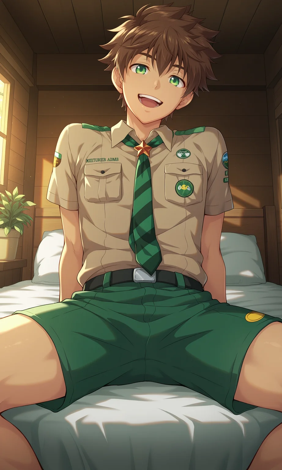 1boy, Keitaro, male focus, slim, brown hair, green eyes, Keitaro, solo, male focus, open mouth, looking at viewer, smile, teeth, brown shirt, green shorts, necktie, shaded, short sleeves, sitting, on bed, cabin, single bed, indoors plants, indoors, (masterpiece:1.35), (very aesthetic, best quality:1.3), detailed shading, detailed skin, realistic shading, highly detailed, intricate details, masterful composition, cinematic lighting, close-up, <lora:Keitaro_XL_V11_ILL:1>