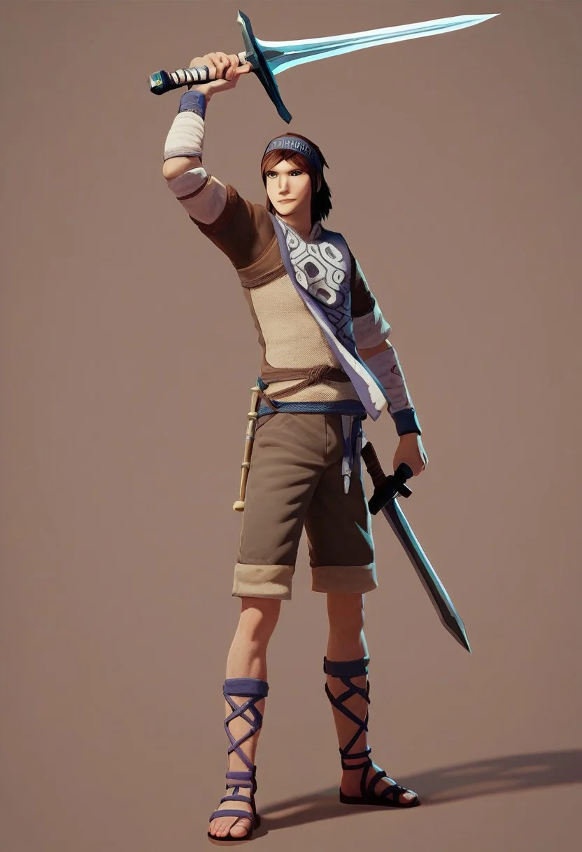 ,score_9, score_8_up, score_7_up,
SOTCWanda, solo, looking at viewer, simple background, brown hair, 1boy, holding, standing, full body, weapon, male focus, shorts, sword, holding weapon, headband, holding sword, sandals, brown background