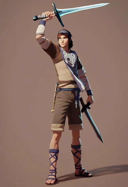 ,score_9, score_8_up, score_7_up,
SOTCWanda, solo, looking at viewer, simple background, brown hair, 1boy, holding, standing, full body, weapon, male focus, shorts, sword, holding weapon, headband, holding sword, sandals, brown background