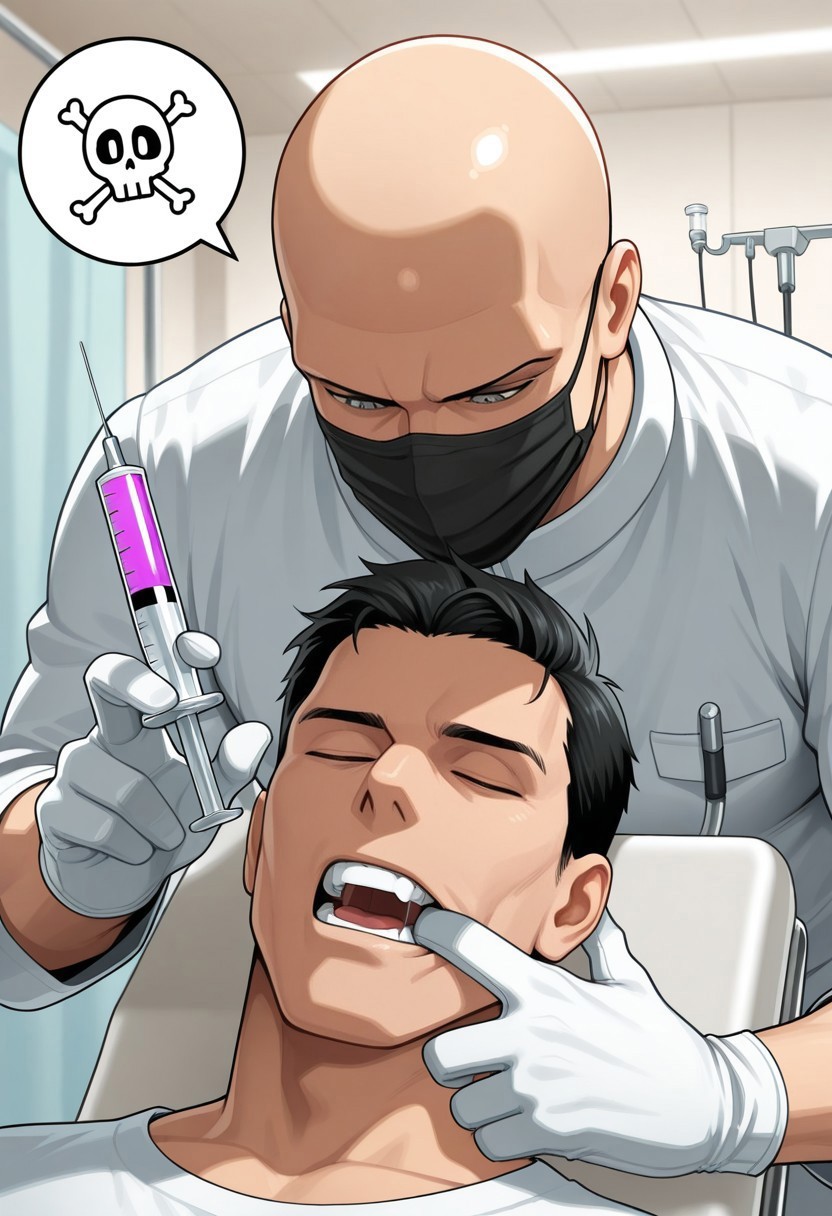 2boys, male focus, solo focus, mature male, agent47, bald, gray eyes, Dental ClinicV1, dental chair, lying male, white gloves, looking down, Dental Clinic, finger in another's mouth, Scaling, mouth mask, holding Ultrasonic Scaler, Ultrasonic Scaler, into mouth, pulling mouth, black hair, short hair, faceless male, spoken skull, spoken object, closed eyes, holding syringe, purple syringe, (spread fingers:0.1), masterpiece, best quality, amazing quality,