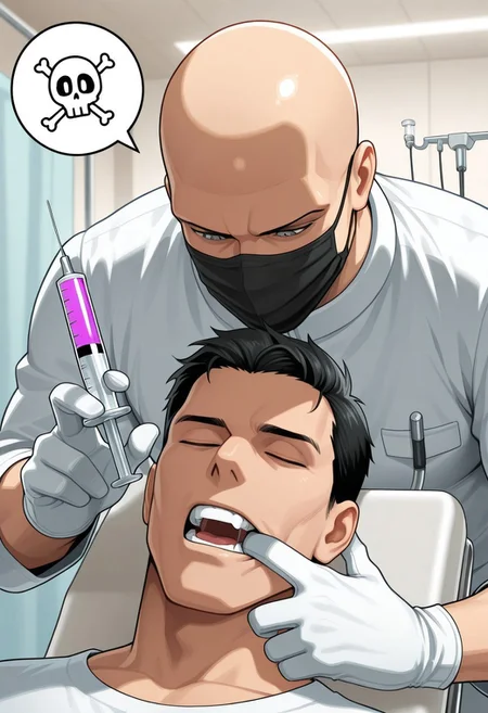 2boys, male focus, solo focus, mature male, agent47, bald, gray eyes, Dental ClinicV1, dental chair, lying male, white gloves, looking down, Dental Clinic, finger in another's mouth, Scaling, mouth mask, holding Ultrasonic Scaler, Ultrasonic Scaler, into mouth, pulling mouth, black hair, short hair, faceless male, spoken skull, spoken object, closed eyes, holding syringe, purple syringe, (spread fingers:0.1), masterpiece, best quality, amazing quality,