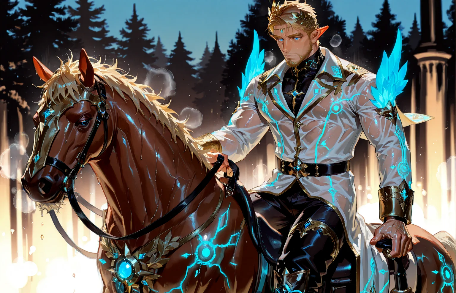 <lora:pose_Riding_for_Illustrious:.7> giddyup, horseback riding <lora:addon_sweaty_v2:1.3>, ((sweatILL, sweaty, steamy, wet skin, sweatdrop)),
<lora:Nasario__Alchemist_Code-000003:.7>, tagatamenasario, 1boy, elf, blonde, middle hair, blue eyes, gold hair ornament, hair accessory, solo, male focus, manly, mature male, bara, muscle body, coat, shirt, turtleneck, long sleeves, gold trim, glowing pattern, pants, full-leg boots,
cowboy shot,
(very short hair, beard, bara, mature, facial hair, stubble, beard, full beard, sideburn, beard, a lot of beard, ), facial hair,male focus, muscular male, muscular male, bara, mature, bara, mature, aixiwuganda_(20222192), very awa, masterpiece, best quality, absurdres, newest, perfect quality, detailed background, intricate details,
<lora:slider_Body Type_alpha1.0_rank4_noxattn_last:3><lora:Anime Summer Days 2 Style SDXL_LoRA_Pony Diffusion V6 XL:.6><lora:slider_cfg_scale_boost:.7><lora:Artist6p:.55>, Artist6p, Artist04p,<lora:slider_il_brightness_slider_d1:-1><lora:slider_il_contrast_slider_d1:-1><lora:slider_DarkSlider1.2_alpha1.0_rank16_full_300steps:-.6><lora:slider_contract_controller_illus01_v1:.5>,