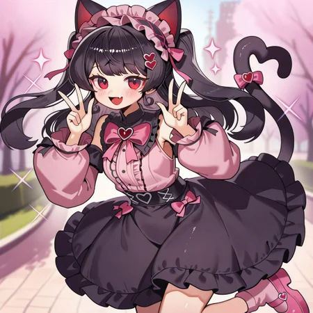 lazypos, girl focus, 1girl, animal ears, solo, cat ears, tail, hair ornament, black hair, long hair, smile, looking at viewer, blurry, pink footwear, cat tail, blush, frills, heart hair ornament, open mouth, detached sleeves, heart, hands up, skirt, hairband, long sleeves, black skirt, blurry background, shirt, pink shirt, cat girl, sparkle, :d, jirai kei, depth of field, skin fang, fang, hairclip, sleeveless, outdoors, double v, dress, puffy long sleeves, ribbon, frilled skirt, red eyes, bow, pink sleeves, pink socks, w, puffy sleeves, v, frilled hairband, two side up, pink bow, bare shoulders, pink ribbon, frilled dress, twintails, ro_g, mahoushostyle