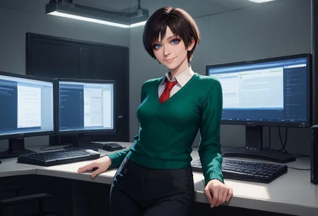 score_9, score_8_up, score_7_up, rebecca-chambers, resident evil, 1girl, solo, necktie, short hair, red necktie, pants, looking at viewer, monitor, realistic, shirt, black hair, sweater, white shirt, collared shirt, blue eyes, green sweater, indoors, breasts, nose, computer, smile, standing, lips, cowboy shot, keyboard (computer), watermark