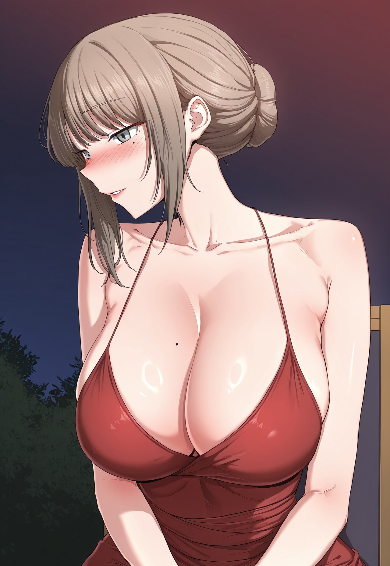 1girl, solo, kim goeun, medium-length brown hair, side bangs, large breasts, wide hips, soft eyes, 1 mole under left eye, 1 mole on right breast, elegant red evening gown, hair in bun, romantic expression, seated pose, night terrace setting, manhwa
