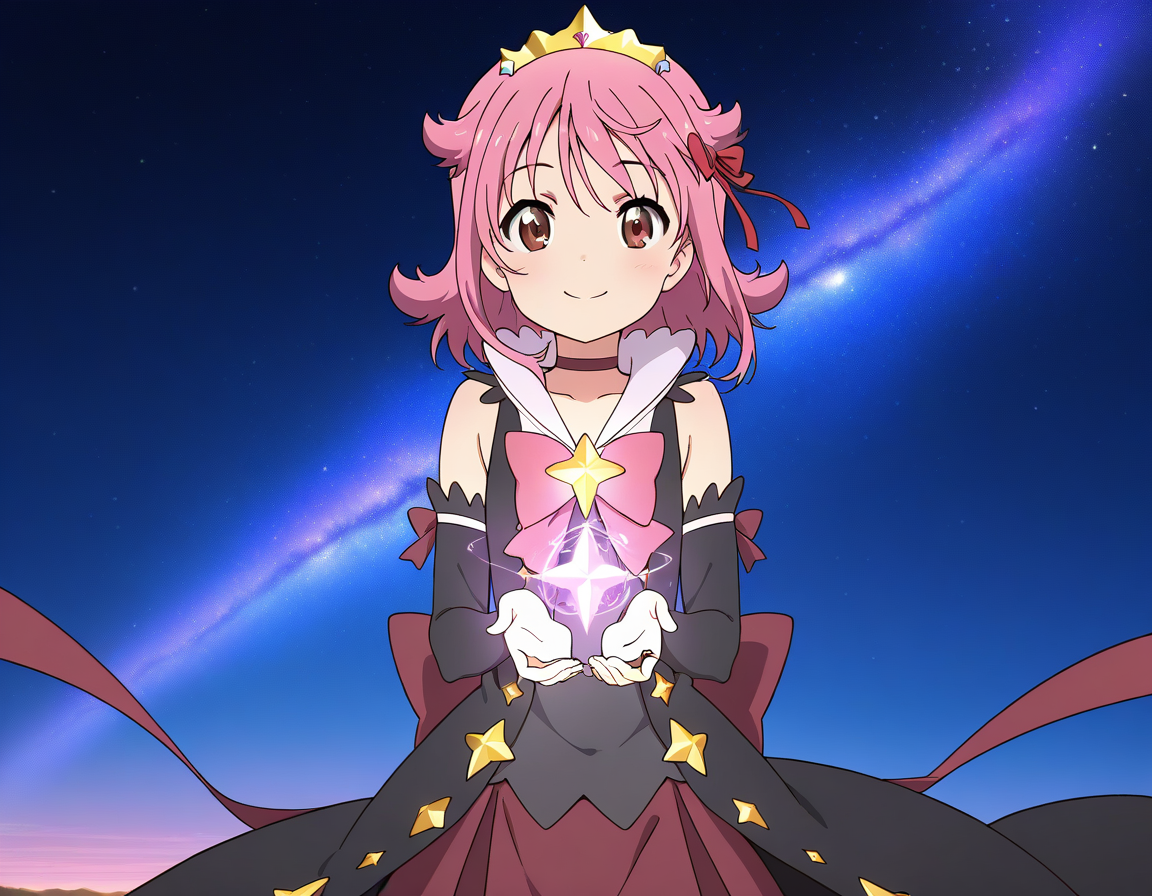 masterpiece, best quality, good quality, <lora:Subaru_Houkago_no_Pleiades_IS:1>  subaru(Pleiades), 1girl, pink hair, short hair, brown eyes,  anime coloring, hair ribbon, red ribbon, gold tiara,
black dress, black sleeve, black magic girl, black sweater,
solo, smile,  looking at viewer, bow,  red ribbon, flipped hair,  bridal gauntlets, choker, gloves,  dark red skirt, cowboy_Shot,
galaxy, sky,