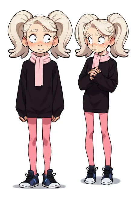 score_9, score_8_up, score_7_up, score_6_up, score_5_up, score_4_up, conceptart,multiple views,white background,simple background,<lora:concept:1>,
1girl, solo,long hair, platinum blonde hair, long twin pigtails, red freckles, black eyes, oversized black dress, sleeves covering hands, light pink scarf, salmon pink tights, black sneakers,
<lora:princess_xl_v1:0.7>, <lora:Expressive_H:0.6>, <lora:incase-ilff-v3-4:0.5>, <lora:MysticalPlantPenetratorPDXL:0.5>, <lora:Twintails_Marra_v1:>