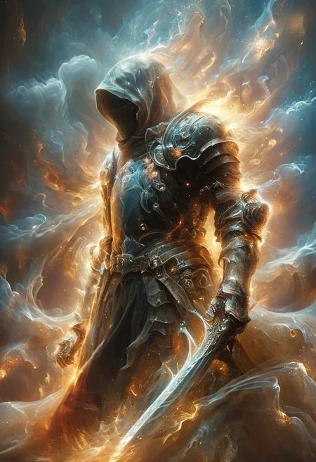 in the style of thunder and lightning, on a dark bokeh background, ((energy wings like tentacles of a octopus))
A stunning, highly detailed dark fantasy full body illustration of a proud scifi soldier wearing intricate first world war style armor and an epic ornamented gasmask, holding a great glowing scifi sword, golden and blue glooming eyes, very wide shoulders, wearing big gauntlets, epic composition. The scifi soldier stands heroic with big gun and with a flowing cloak and hood during a storm with foggy gloom, thunderclouds in the background . with insanely intricate details and textures, gloomy dramatic lighting, red flames, smoke
