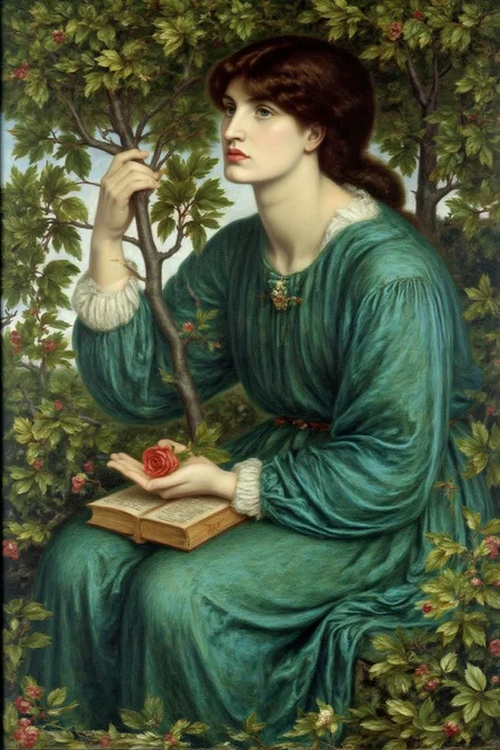 dgr painting.
A young woman sitting among lush green foliage, possibly a tree or a shrub, with a dramatic, melancholic expression. The woman has long, dark brown hair cascading down her back and wears a flowing, teal-green gown with long sleeves, reminiscent of medieval attire. She is grasping a tree branch with her right hande. There is a rose lying on her left open palm, which is resting on top of a book. The book is sitting on her lap.
 <lora:dgr1_cap_d6a3e8:1.0><lora:819488230035448513:0>