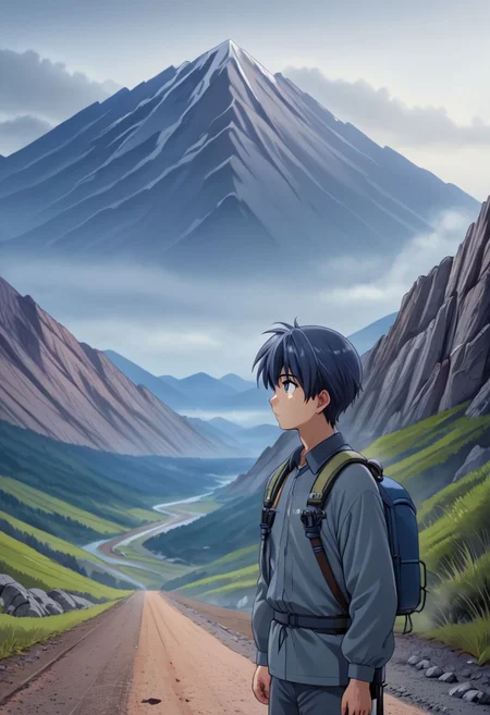 high resolution, solo, best quality, 1Boy, Tomoya Okazaki, Grey Blue Hair, Grey Blue Eyes, landscape, looking away, high mountain, hiking gear, hiking pack, cold, shallow depth of field, OverallDetail