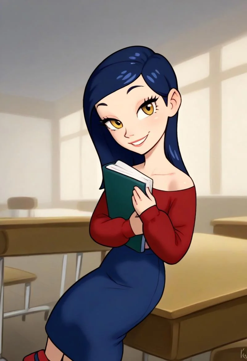 LesDnkl_TP, 1 girl, solo, blue hair, shoulder length hair, long eyelashes, red long sleeve shirt, blue skirt, red shoes, holding book in arms, looking at viewer, sitting on desk, seductive, teasing, flirting, smiling,