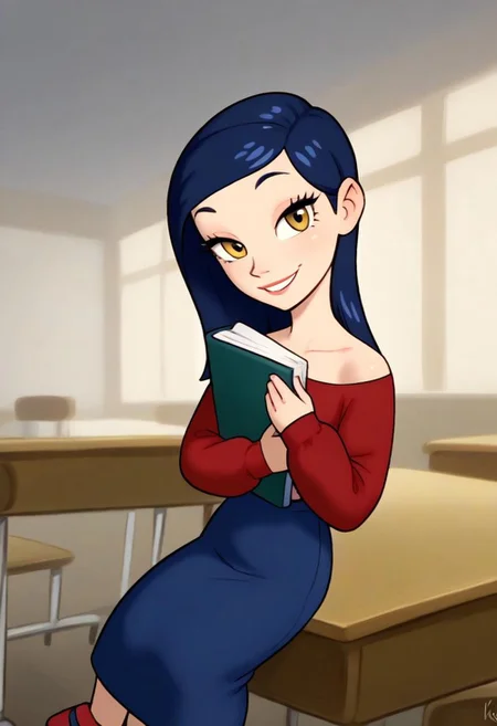 LesDnkl_TP, 1 girl, solo, blue hair, shoulder length hair, long eyelashes, red long sleeve shirt, blue skirt, red shoes, holding book in arms, looking at viewer, sitting on desk, seductive, teasing, flirting, smiling,