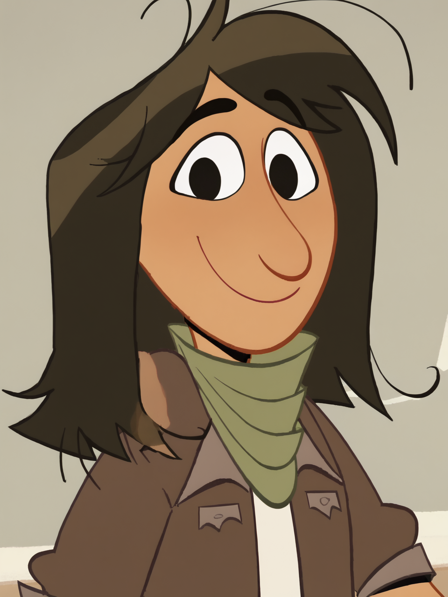<lora:LeahPony1.0:1> leah, solo, brown hair, 1girl, long hair, black eyes, smile, brown jacket, green scarf, white shirt, smile,portrait,upper body, looking at viewer, score_9, score_8_up, score_7_up, score_6_up, score_5_up, score_4_up