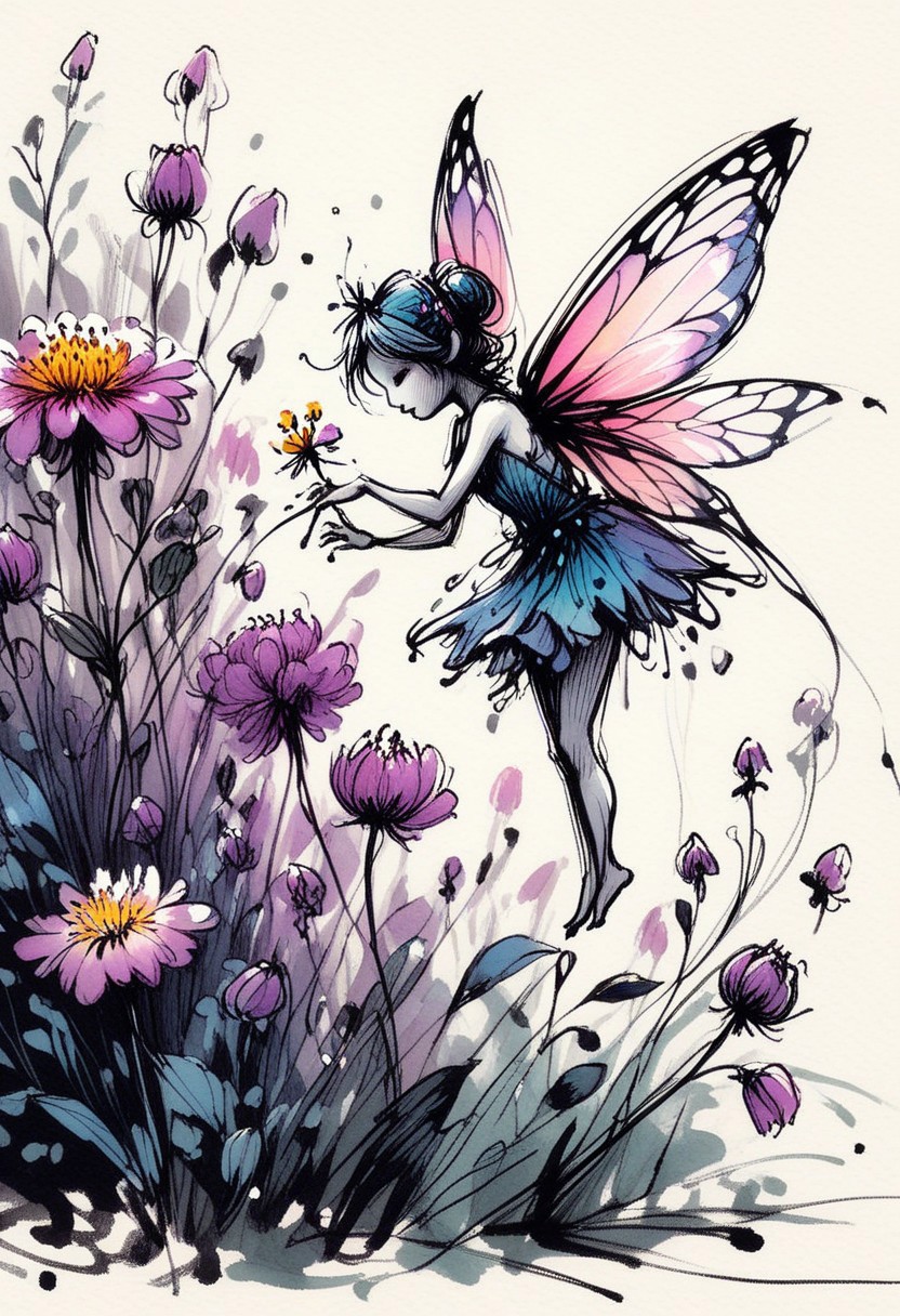 inksketch, A tiny fairy visiting a flower