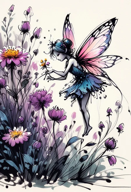 inksketch, A tiny fairy visiting a flower