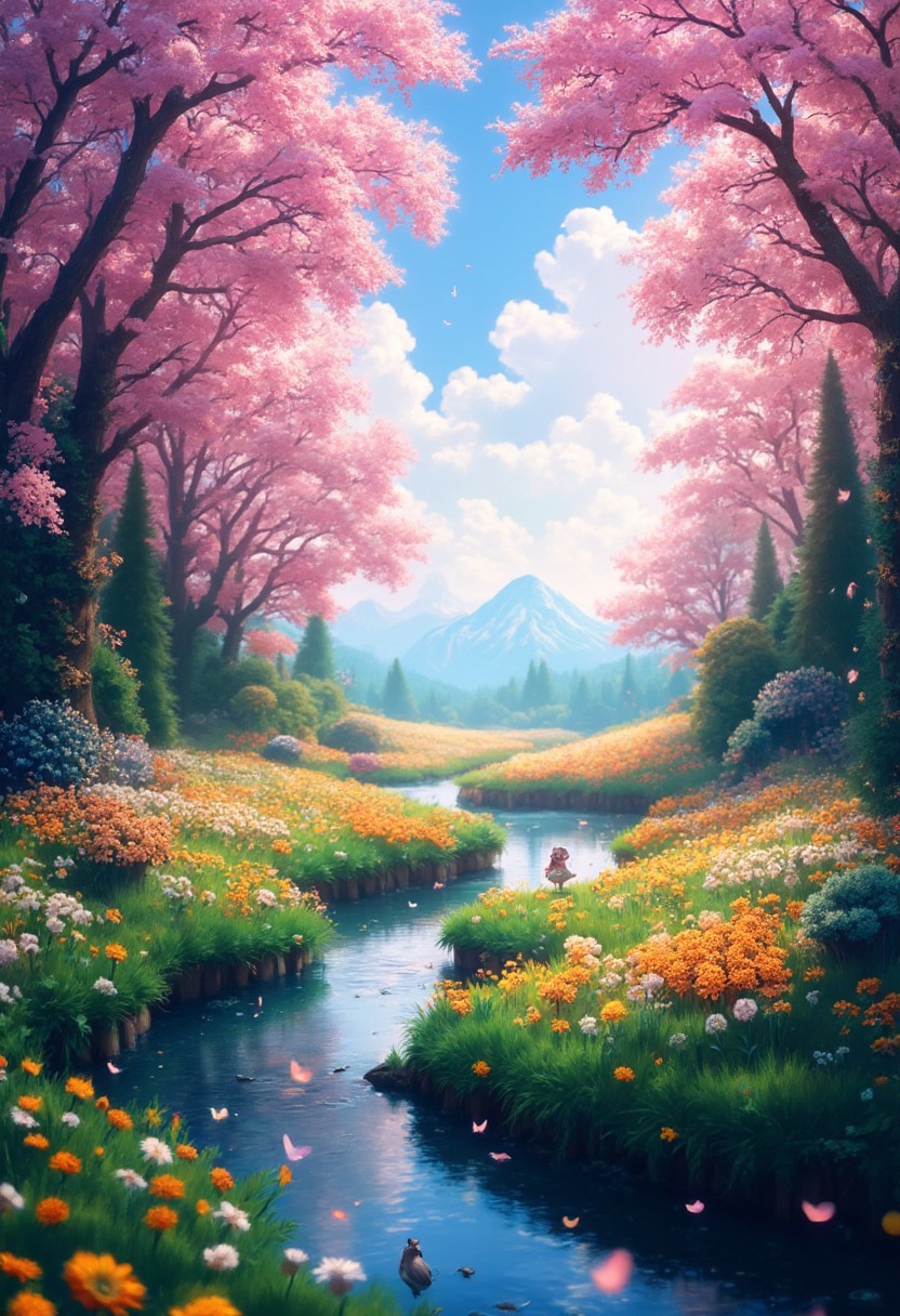( Soft colors and dreamy  spring morning landscape), spring in the forest, A narrow river, beautiful view, full of beautiful flowers, sunrise sky, beautiful clouds, dappled sunlight, 
A wonderful waka-like landscape, 
I can see the mountains in the distance, 
depth of field, masterpiece, best quality, ultra-detailed, very aesthetic, illustration, perfect composition, intricate details, absurdres, moody lighting, wisps of light, no humans,