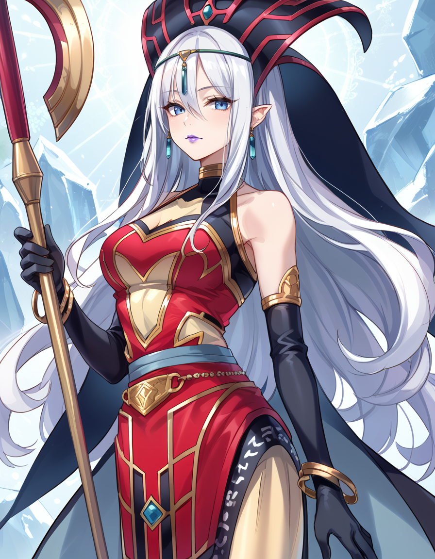 (score_9:0.9),score_8_up,score_7_up,rating_safe,anime style,(zPDXL),(zPDXL3),
<lora:Ruin Supreme Queen of Oblivion ponyXL v1.3:0.73>,ruin supreme queen of oblivion,1girl,solo,staff,gold bracelet,crystal earrings,black elbow gloves,red headdress,red dress,holding staff,crystal circlet,purple lips,