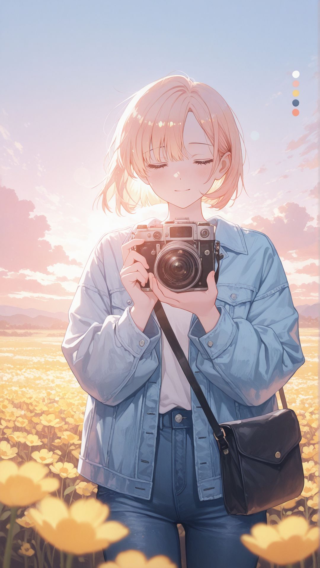 1girl, <lora:KonYa666:1>, kony4666, <lora:add-detail-xl:1>
masterpiece,best quality,
short hair, disheveled, bob cut, parted bangs, symmetrical bangs, white shirt, oversized jacket, denim jacket, crossbody bag, black bag, 
holding a vintage film camera up to her face, capturing a photo, standing in a vast field of colorful wildflowers, golden sunlight illuminating her hair, heavy lens flare, pastel sky, warm pastel colors, soft clouds, dreamy, nostalgic atmosphere, impressionism, vibrant color guide, soft painterly textures, highly detailed floral background, ethereal lighting,
facing viewer