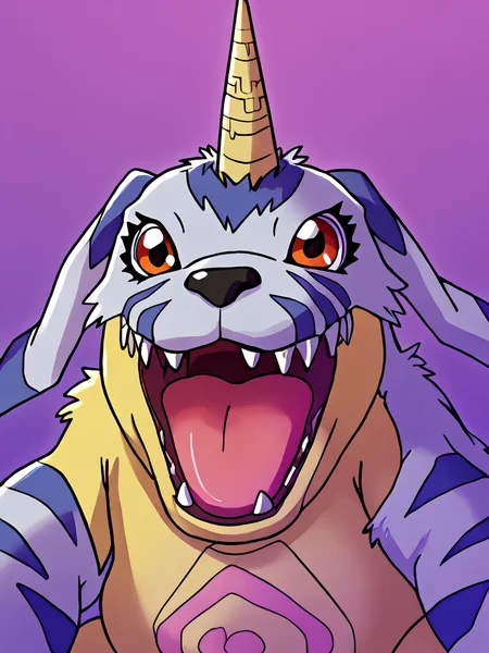 score_9, score_8_up, score_7_up, volumetric lighting, gabumon, a cartoon cat with a unicorn horn on its head, no humans, fangs, <lora:digimon_pony_v1_mx:0.9>
