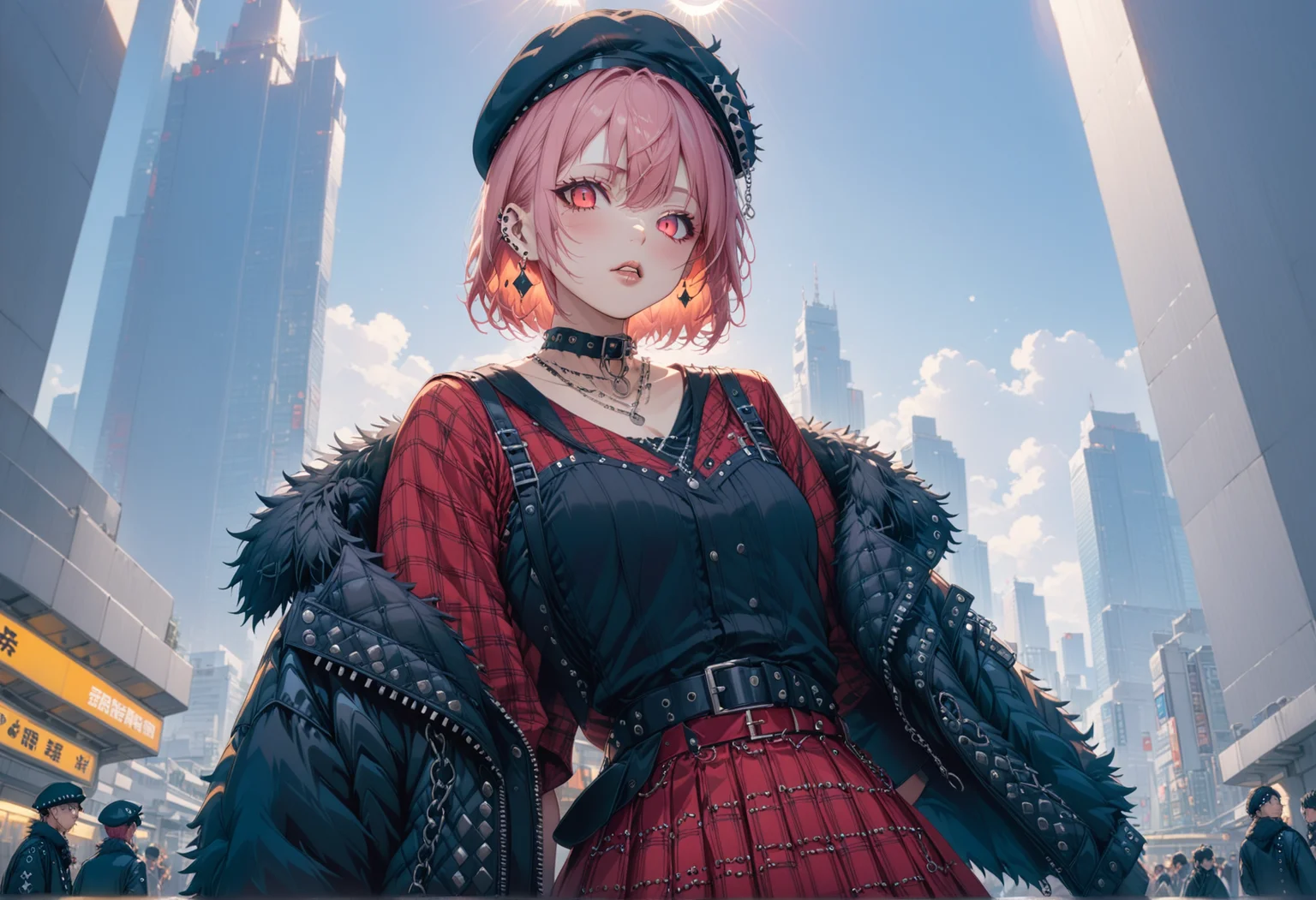 tokyo_street_fashion_xl, streetwear, 1girl, chic, punk, eyeliner, nosering, piercing, earrings, black choker, short pink hair, beret, red argyle dress, dress, belt, panyhose, feather jacket, fur trim, hat, jewelry, looking at viewer, makeup, plaid, skirt, solo,
outside Shinjuku station, skyscraper, bokeh, depth of field, daylight, sunbeam,
very aesthetic, highres, 4k, 8k, intricate detail, cinematic lighting, amazing quality, amazing shading, detailed Illustration, official artwork, wallpaper, official art,
extremely detailed eyes and face, beautiful detailed eyes,
from below, upper body, leaning, dynamic pose
<lora:aesthetic_anime_v1s:1>
<lora:tokyo_street_fashion_xl_1:1>