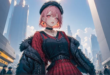 tokyo_street_fashion_xl, streetwear, 1girl, chic, punk, eyeliner, nosering, piercing, earrings, black choker, short pink hair, beret, red argyle dress, dress, belt, panyhose, feather jacket, fur trim, hat, jewelry, looking at viewer, makeup, plaid, skirt, solo,
outside Shinjuku station, skyscraper, bokeh, depth of field, daylight, sunbeam,
very aesthetic, highres, 4k, 8k, intricate detail, cinematic lighting, amazing quality, amazing shading, detailed Illustration, official artwork, wallpaper, official art,
extremely detailed eyes and face, beautiful detailed eyes,
from below, upper body, leaning, dynamic pose
<lora:aesthetic_anime_v1s:1>
<lora:tokyo_street_fashion_xl_1:1>