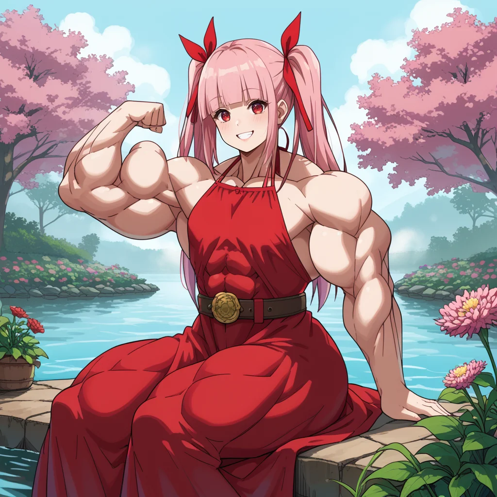 1girl, flat chest, smile
long pink hair, twintails, hair ribbon, blunt bangs, red eyes,
red dress, halter dress, sideboob, belt,
flower garden, lake, fog,
sitting at shore, flexing, 
 <lora:Drloon:1> muscular, muscular female, abs, thick thighs, biceps, score_9, source_anime,