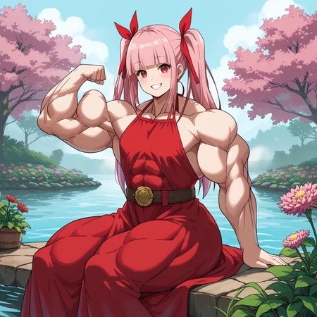 1girl, flat chest, smile
long pink hair, twintails, hair ribbon, blunt bangs, red eyes,
red dress, halter dress, sideboob, belt,
flower garden, lake, fog,
sitting at shore, flexing,
<lora:Drloon:1> muscular, muscular female, abs, thick thighs, biceps, score_9, source_anime,