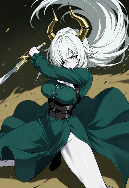 1girl, solo, gold twisted ram's horns, freckles, white hair, long hair, long bangs, golden eyes, pale skin, green dress, medium breasts, black underbust corset, breasts cutout, medium shot, view from aside, holding weapon, blade, dynamic pose, action pose,
gwad