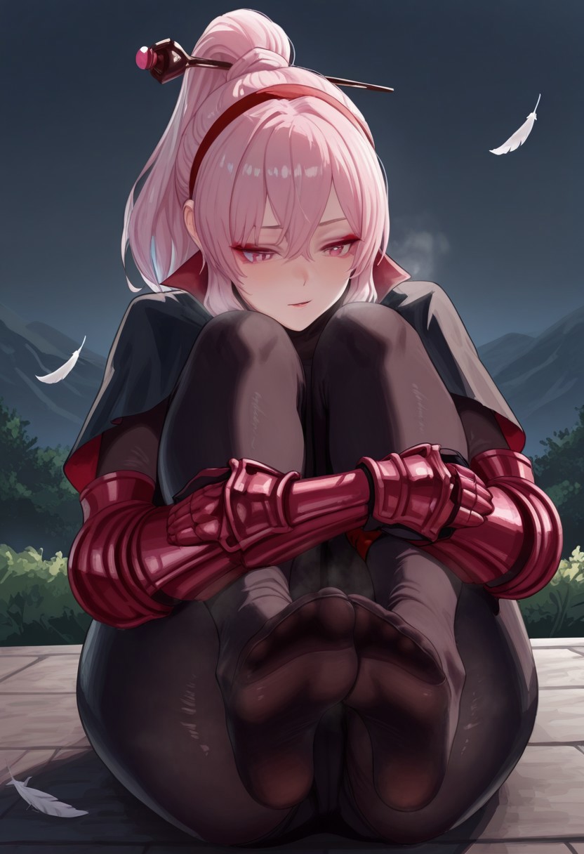 hth5k,  outdoors, undershirt, falling feathers, black bodysuit, hair stick, hugging own legs, , gauntlets,   eyeshadow,   red gloves,  high ponytail,  , black capelet, red hairband, pink eyes, 1girl, solo, feet, visible breath,   dynamic angle, foreshortening, smell, steam,