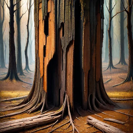 <lora:Wood-world_XL:1> in the style of wood-world_XL, surrealism painting, 16k, extreme detail, fine textures, ((dark shadows)), dark, sharp lines, (((decay flatwoods:1.46))), vivid colors. beautiful. revealing. masterpiece. cracked. Hungarian landscape, doglegs, derelict
