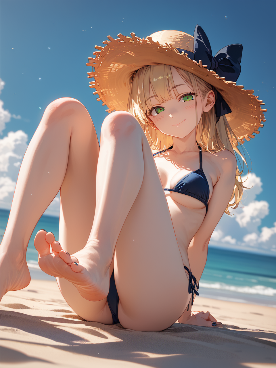 (score_9, score_8_up, score_8, score_9, ASCII score_9), (source_anime), (masterpiece best quality), (beautiful atmosphere), (depth field, 8K, UHD),  (detailed embroidery), (sharp out line), skin dentation, Visual Representation, sense of movement, detailed backgrounds, cinematic scene, looking at viewer, half eyes, smile, head tilt, anime film maker, happy, smile,
1girl, solo, cute face, multiple color eyes, odd eyes, green eyes, hair bow blonde, medium breasts, bikini, beach, from below, naughty face, closed mouth, looking at viewer, straw hat, arms behind back, beach, sky, cloud, legs up, legs head above, ass, toes, delicate feet, foot focus, toes nail polish, colored lighting, natural lighting, professional view, professional photo framework, dramatic lighting, particles,