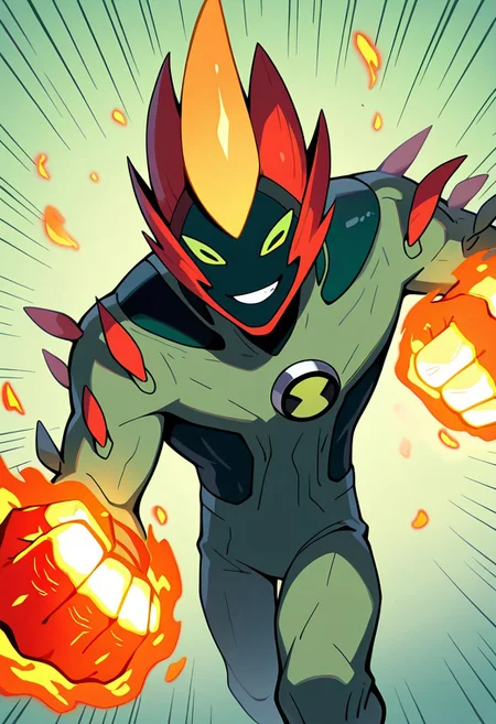 masterpiece, best quality, amazing quality, very aesthetic, absurdres, newest,
swampfire, colored skin, spikes, colored sclera, 1boy, green skin, green eyes, pokemon (creature), shoulder spikes, no humans, smile, green background, smiling,,
falling, fire punch, super punch , incoming punch, punch pov, teeth, canines