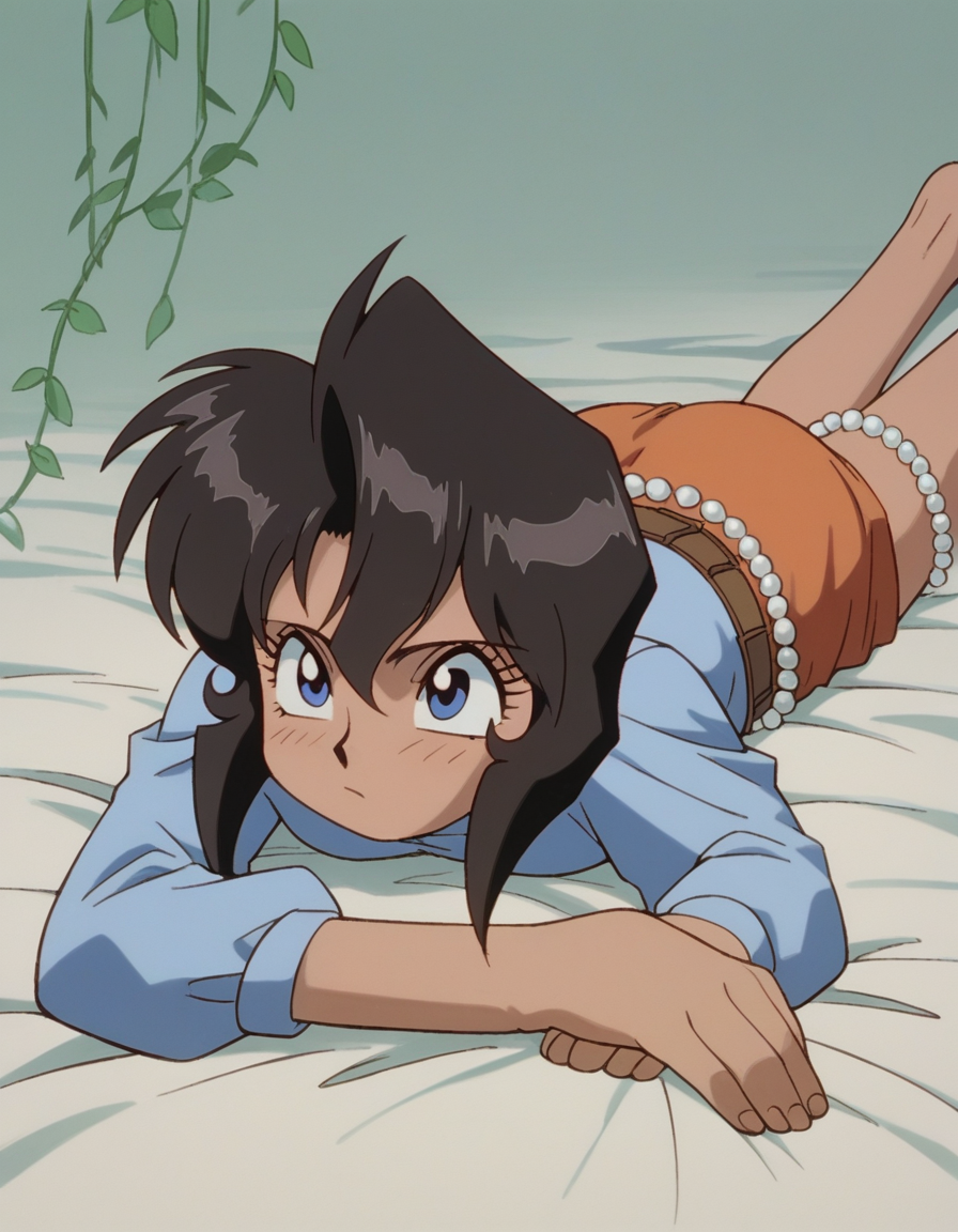 zPDXL, score_9, score_8_up, score_7_up, source_anime, 1girl, solo,
<lora:Gunsmith_ver3:1> gnsmth, rally, dark-skinned female, black hair, blue eyes, short hair , heart eyes, on stomach, elf wearing a soft lavender elegant elven gown with embroidered sleeves , leaf-embroidered flats, pearl anklet,delicate silver earrings, silver eyeliner, jeweled belt,delicate vines woven in hair,