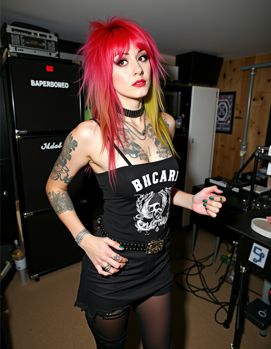 analog photography, analog photo, ultra quality, ultra detailed,  a beautiful punk woman, punk outfit, messy colorful long hair, tattoos, piercings, in a cluttered rehearsal room, dynamic posing <lora:PunkGirlsV2-Grm80x2:1> punxgsv2