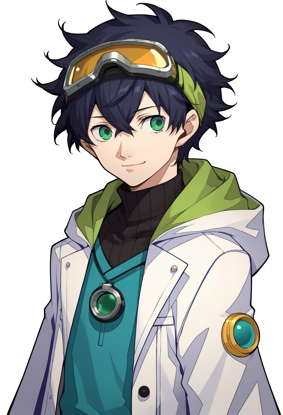 score_9, score_7_up, source_anime, solo, BREAK <lora:zs_P3ReloadPortraitsXL:1> p3reloadportraits, portrait, white background,, smile, 1boy, green eyes, short hair, black hair, bangs, hair between eyes, messy hair, (goggles on head:1.2), headband, white coat, hooded coat, hood down, open coat, black turtleneck, capri pants, layered pants, black knee boots,