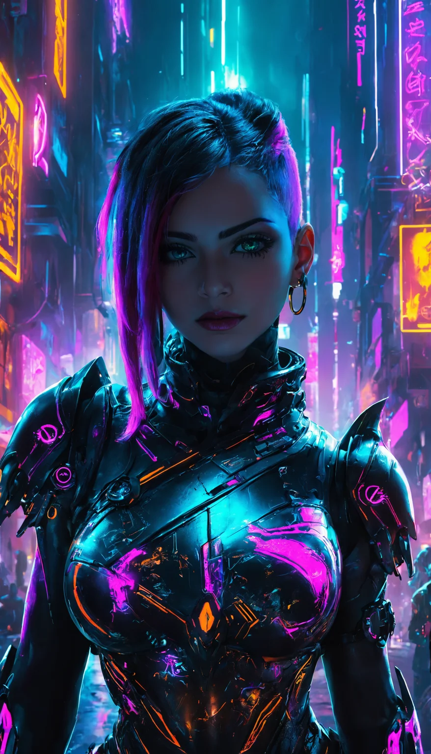 digital painting, high resolution, intricate details, vibrant colors, dynamic lighting, cyberpunk theme, detailed armor, futuristic cityscape, neon lights, high contrast, smooth shading, atmospheric, artistic, 8k resolution, layered textures