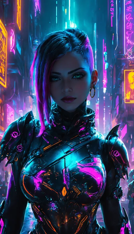 digital painting, high resolution, intricate details, vibrant colors, dynamic lighting, cyberpunk theme, detailed armor, futuristic cityscape, neon lights, high contrast, smooth shading, atmospheric, artistic, 8k resolution, layered textures