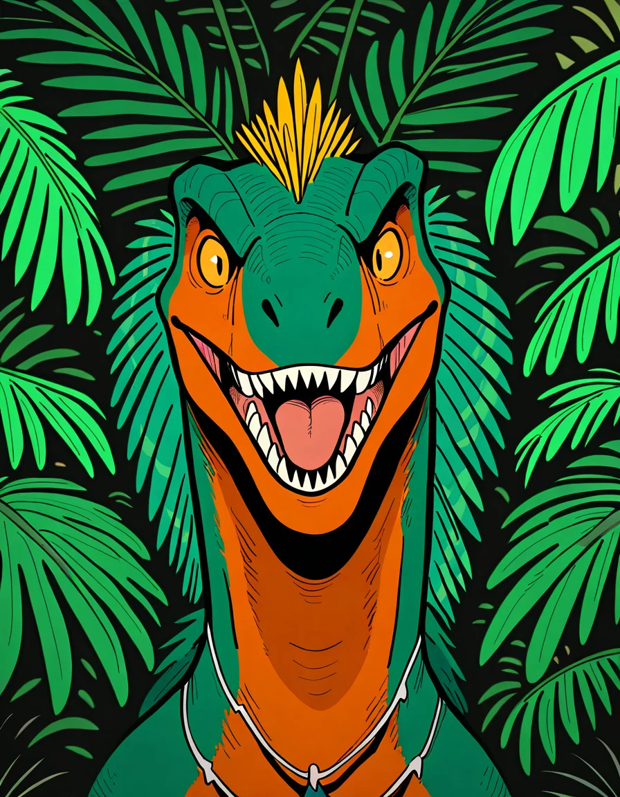 masterpiece, best quality, newest, absurdres, highres, no-humans, jungle, dinosaur, t-rex, looking-at-viewer, close-up, feathers