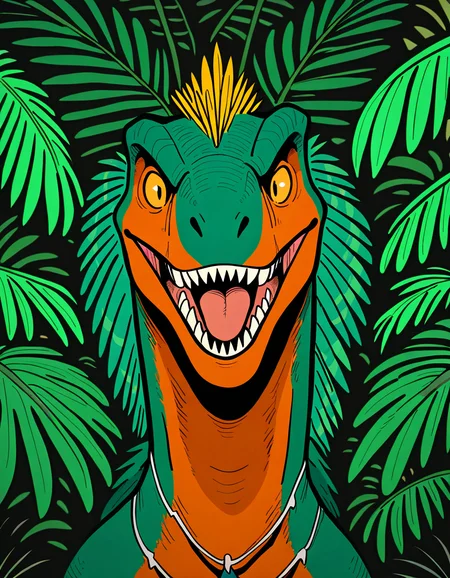 masterpiece, best quality, newest, absurdres, highres, no-humans, jungle, dinosaur, t-rex, looking-at-viewer, close-up, feathers