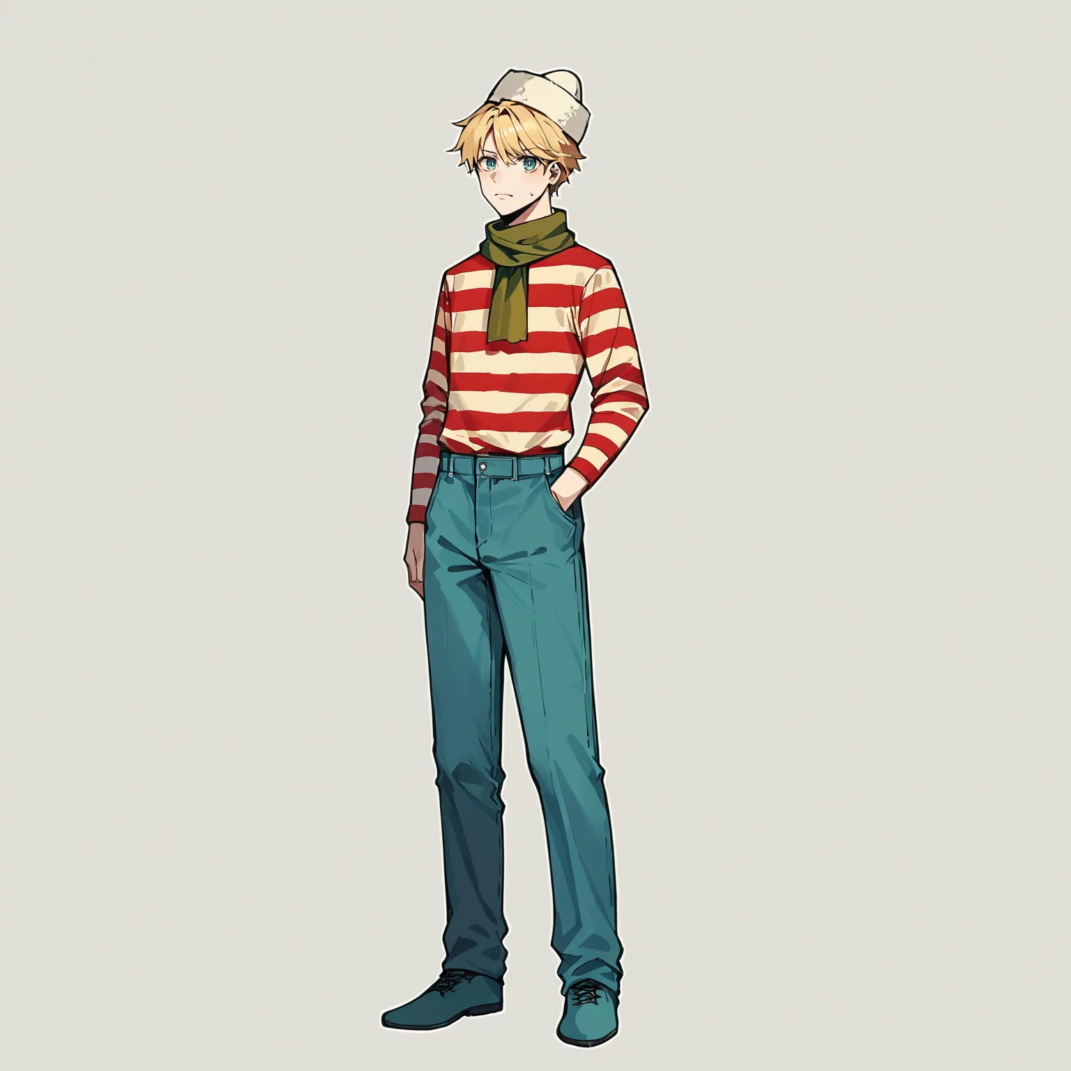 score_9, score_8_up, score_7_up, score_6_up, score_5_up, score_4_up, source_anime, FLPJCK,, 1boy, blonde hair, striped shirt, scarf, hat, blue pants, full body, standing, white background <lora:flpjckv2-50:1>
