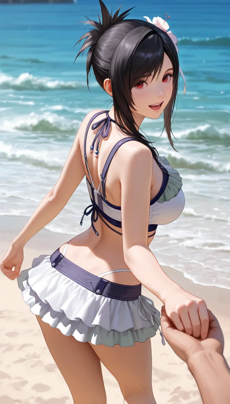 masterpiece, best quality, high resolution, very aesthetic, absurdres, newest, professional, high-quality, hyper-realistic, detailed eyes, realistic body,
beatiful legs,beatiful body,narrow waist,1girl,solo,
tifa lockhart \(shining spirit\), final fantasy vii remake, black hair, swept bangs, long hair, hair up,large breasts,
bikini,bikini skirt,frilled bikini,hair flower,hair hair ornament, hibiscus,white ribbon,
looking back smile, happy,:D,
realistic background, depth of fields,outdoors,ocean,beach,sunny day,
pulling pov,holding hands, pov, pov hands, from behind, BREAK
1boy,bare arm,