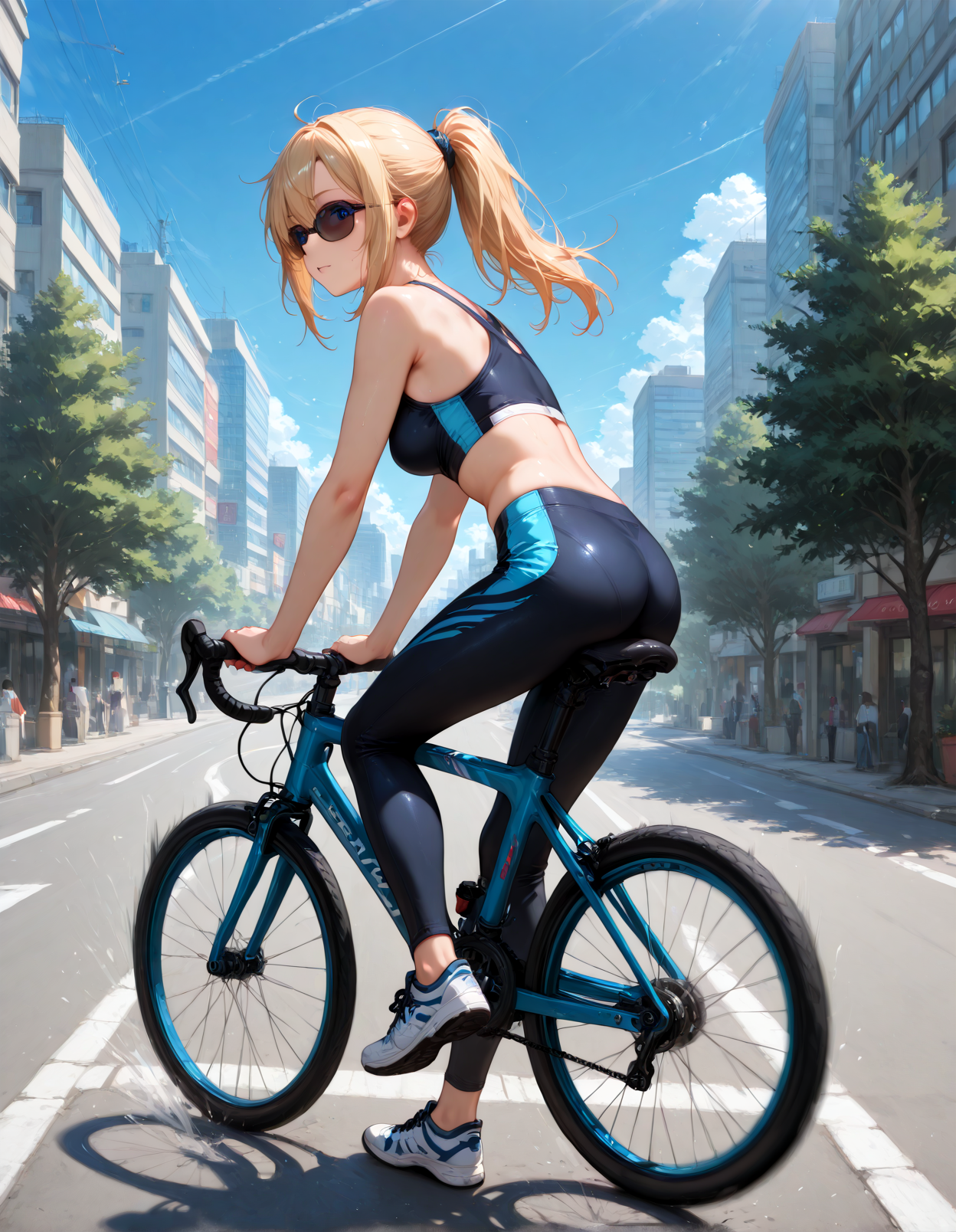 1girl, courier, bicycle, downhill, city, urban, buildings, streets, road, wheels, motion, speed, blonde hair, ponytail, sunglasses, athletic, fit, confident, from side BREAK city background, sunny day, clear blue sky, asphalt road, buildings, trees, motion blur, shallow depth of field, masterpiece, best quality, absurdres