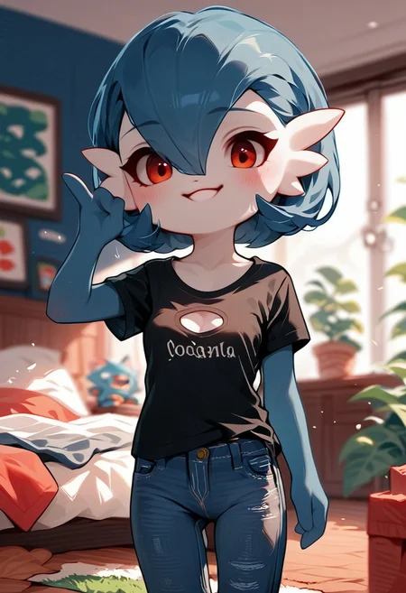 ZPDXL3, score_9, score_8_up, score_7_up, score_6_up, score_5_up, score_4_up,
1girl, small breasts, solo,
bedroom, jeans, t-shirt,
cleavage, (blue hair:1.2), v neck, red chest spike,
acvillager, chibi, pkshigar,