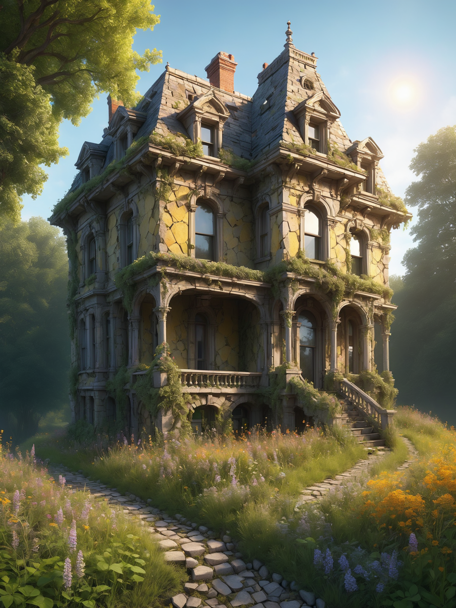 An abandoned Victorian mansion overtaken by nature, with mad-efeu climbing its crumbling walls made of mad-rubble and wildflowers blooming through the cracks of an ancient cobblestone path. The setting sun casts a golden hue over the scene, highlighting the eerie beauty of decay and the relentless power of nature reclaiming human creations, (masterpiece:1.2), best quality, (hyperdetailed, highest detailed:1.2), high resolution textures