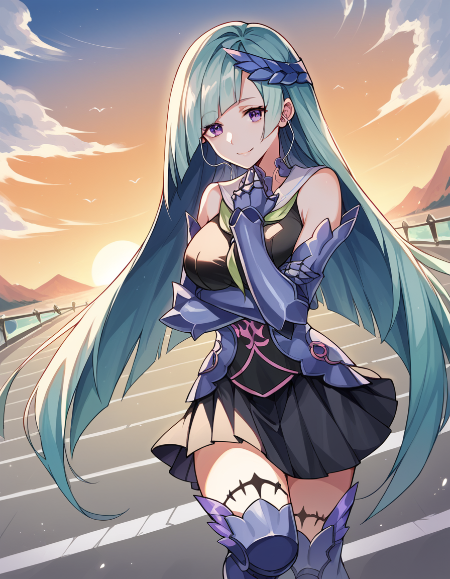 score_9, score_8_up, score_7_up, source_anime, <lora:fgo-brynhildr-ponyxl-lora-nochekaiser:1>, brynhildr, aqua hair, long hair, purple eyes, large breasts,, armor, black skirt, gauntlets, headpiece, skirt, thighhighs,, suburban neighborhood, morning jog, earphones, running shoes, fresh air, sunrise, smile, looking at viewer, arm crossed over chest, solo,, cowboy shot, dutch angle