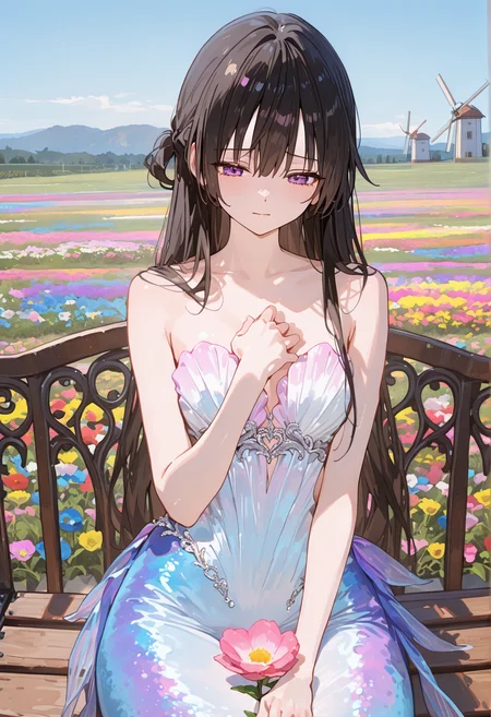 perfect quality,high quality,masterpiece,absolutely eye-catching,ambient occlusion,raytracing,front view,full_shot,vanishing point,YukiSuou Cyql,1girl,solo,long hair,bangs,black hair,purple eyes,furrowed brow,sitting,hand on own chest,Whimsical,Elegant mermaid gown with a strapless sweetheart neckline and lace appliqués,sandybrown gradient clothes,beautiful face,beautiful eyes,perfect body,sexy,Serene sky,at Daybreak,(in Flower garden,colorful flower garden,landscape of flowers:1.5),( blue sky,cumulonimbus),(windmill:1.3),(wooden bench:1.2),(many flowers are blooming:1.3),intricate cinematic background,detailed background,laser light clothes,qxys,748cmstyle,<lora:spo_sdxl_10ep_4k-data_lora_webui:0.7>,<lora:illustrious_all_rated_v1:0.7>,<lora:laser_light_clothes_v0.5-pony:0.4>,<lora:748cmSDXL:0.9>,<lora:YukiSuou_Illustrious by Cyql:0.9>,