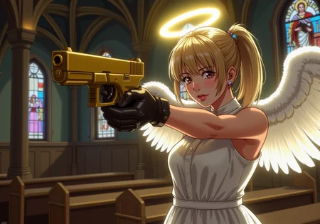 an angel aiming golden G17Model glock handgun at the viewer, she had blonde ponytail haircut with bangs and she has white feather wings and a glowing halo over her head and wears a modest sleeveless white dress, inside in ornate church, dim lighting,, A digital artwork in the style of cknc<lora:ck-nc-cyberpunk-V2-000013.safetensors:1.0:1.0> <lora:Glock (G17)_epoch_12.safetensors:1:1>
