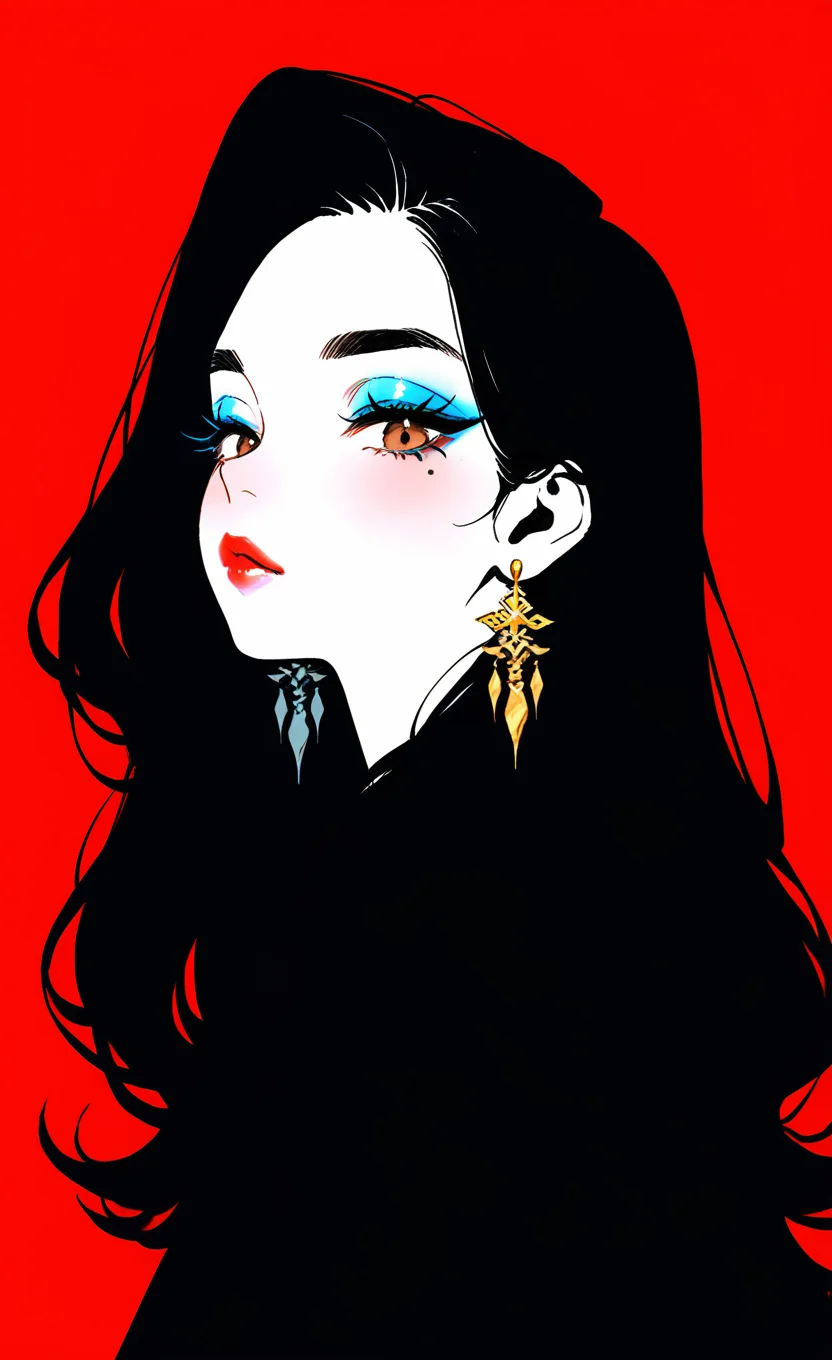 masterpiece, best quality, good quality, very awa, very aesthetic, absurdres, newest,1girl, solo, long hair, looking at viewer, blush, simple background, black hair, jewelry, brown eyes, upper body, earrings, mole, from side, eyelashes, lips, mole under eye, makeup, thick eyebrows, lipstick, red background, eyeshadow, eyeliner, red lips, gold, mascara, gold earrings, blue eyeshadow, haiz_ai, no lineart,no outline, <lora:ponyv6_noobV1_2_adamW-000017:0.7> <lora:USNR_STYLE_XL_lokr:0.45> <lora:MeMaXL4:0.7> <lora:Lofi_style:0.7>