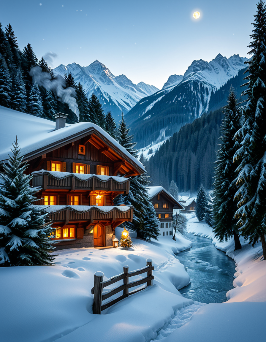 A stunning winter scene in the Tyrol region of Austria. A charming wooden chalet with traditional alpine architecture stands on a gentle snow-covered slope, surrounded by dense evergreen forests blanketed in fresh snow. The chaletâs warm interior lights glow softly through its large windows, creating a cozy contrast against the cool twilight hues of the sky. A plume of smoke drifts from the chimney, hinting at a roaring fireplace inside. In the foreground, a small wooden fence is partially buried under the snow, while a frozen river winds through the valley, reflecting the moonlight. Towering, snow-capped peaks of the Austrian Alps dominate the background, adding a breathtaking sense of grandeur. Snowflakes gently fall, adding movement and depth to the peaceful, picturesque scene. The image is hyper-realistic, capturing the intricate textures of the wood, snow, and ice, with cinematic lighting that highlights the magical winter ambiance.
<lora:SDXLFaeTastic2400:0.4> <lora:extremely_detailed:0.4> extremely detailed,<lora:winter_scene_in_the_Tyr0l:1>,winter scene in the Tyr0l, Masterpiece,best quality,hi res,8k,hi res,8k,award winning,(sharp focus, intricate, highly detailed),